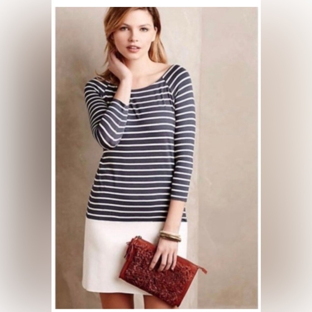 Bailey 44 navy and white striped dress with vegan leather bottom- Size M